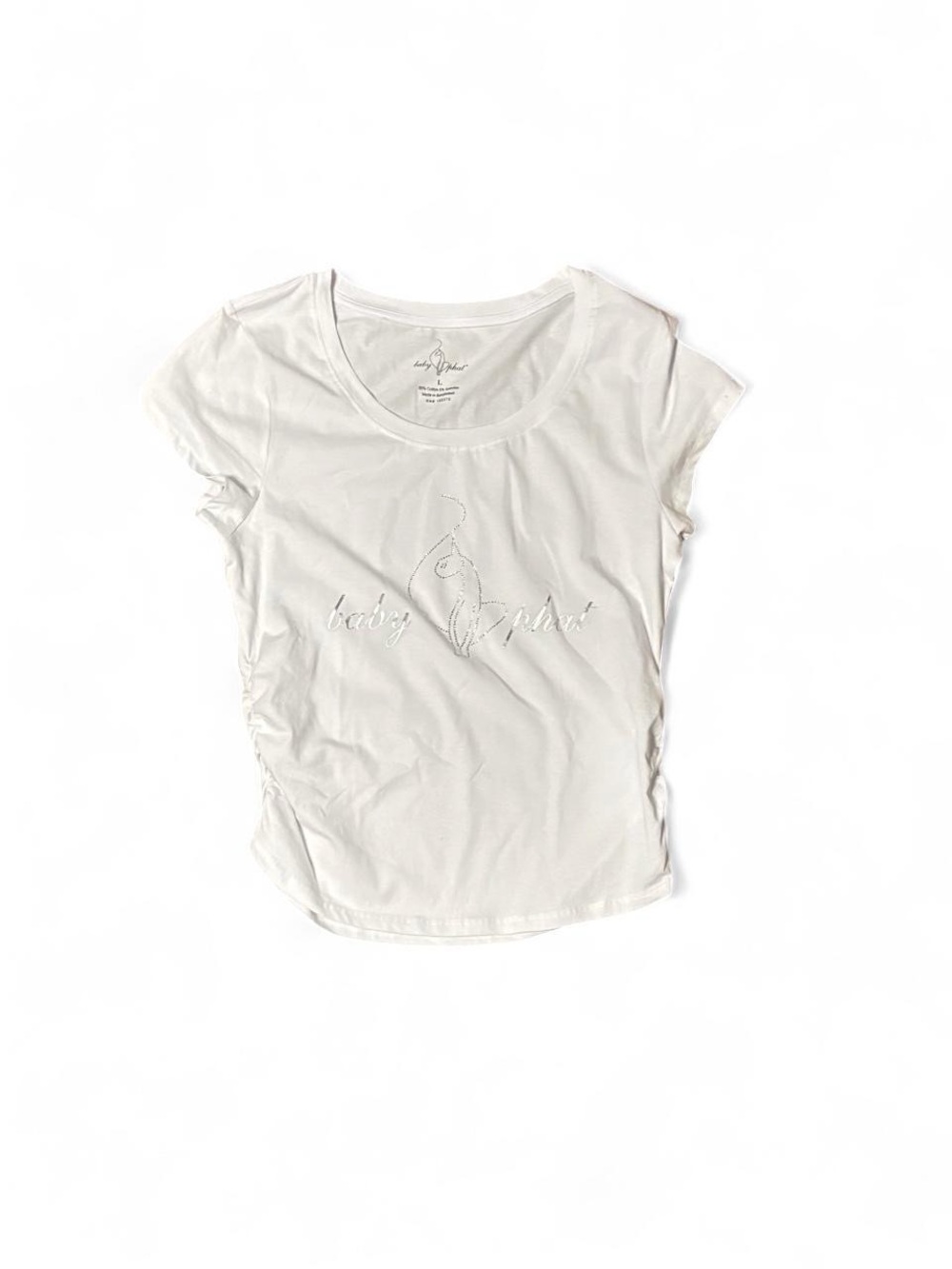 Baby Phat White Ruched Short Sleeve Rhinestone Logo Tee Size L Y2K